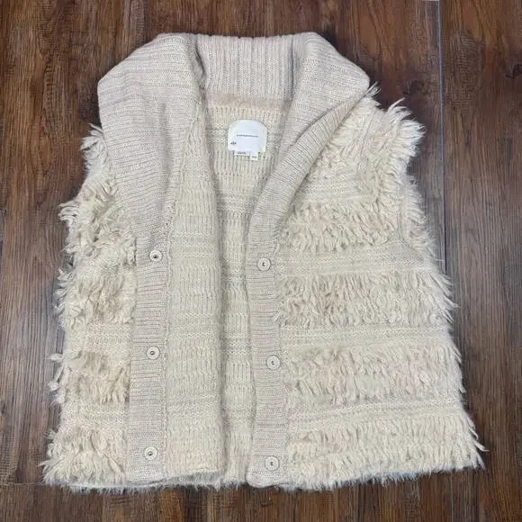 Anthropologie Cream Shaggy Sweater Vest size 1X/2X snap button closure 25% wool - Picture 3 of 16